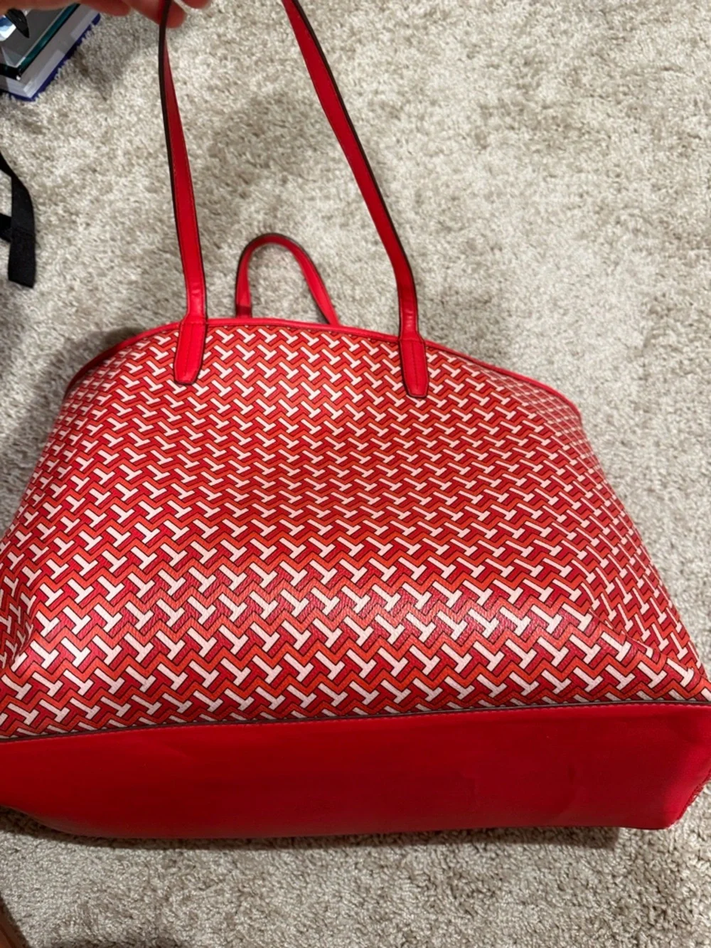 Tory Burch Red Patterned Tote with White Center Stripe - Picture 5 of 6